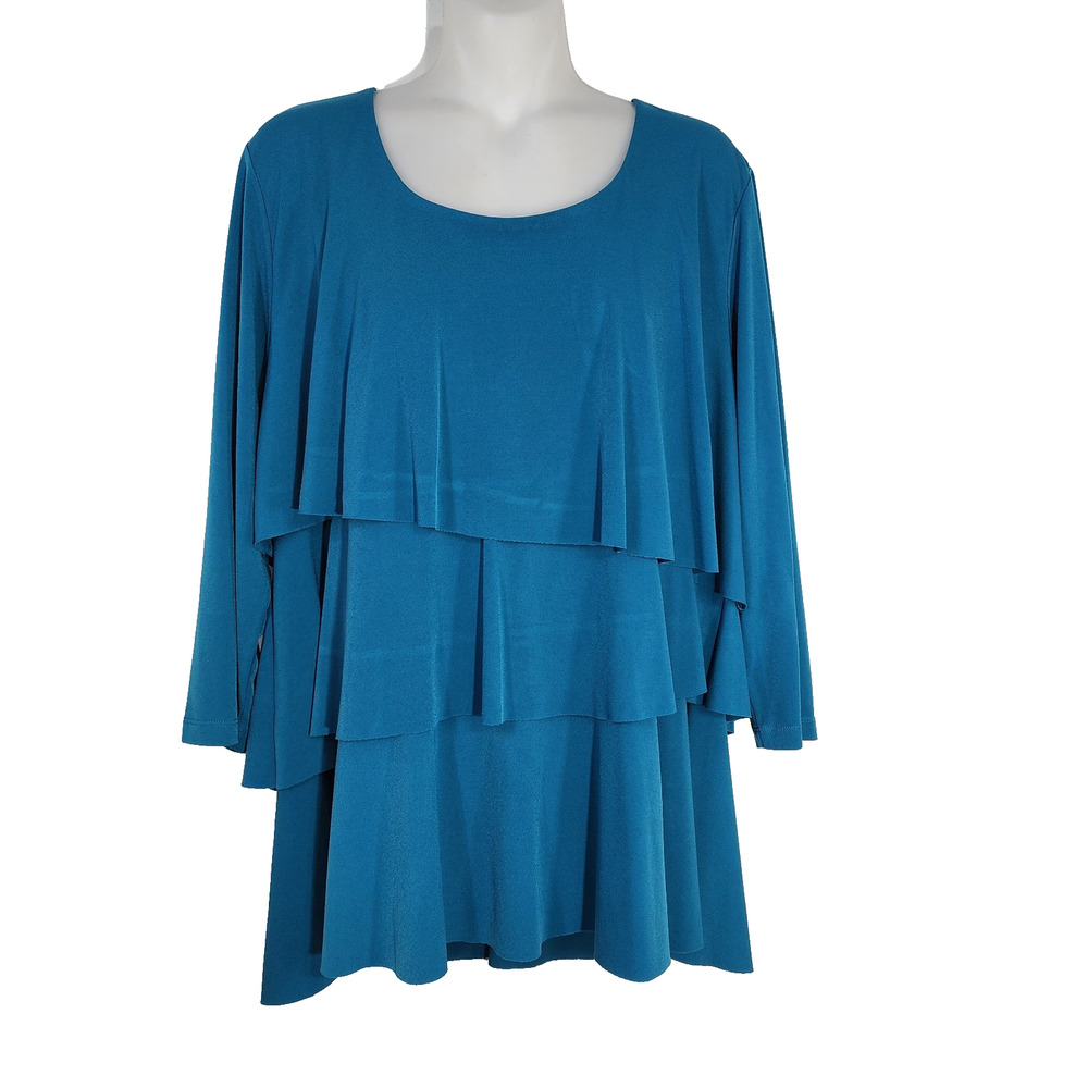 Susan Graver Top Womens Large Teal Liquid Knit Tiered Ruffle 3/4 Sleeve A220987